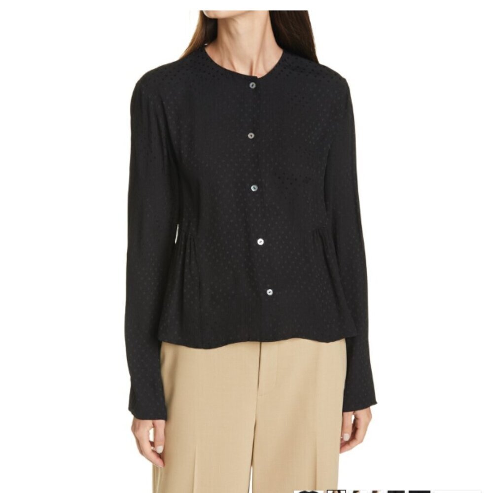 Vince Women's 100% Silk Chiffon Dot Jacquard Ruched Long Sleeve Blouse - M